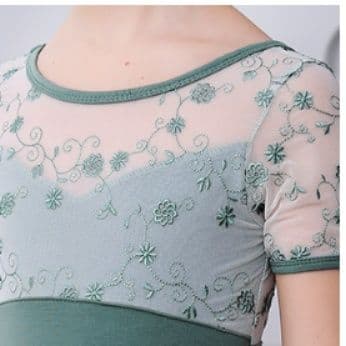 バレエレオタード 花刺繍レース袖付きバレエレオタード