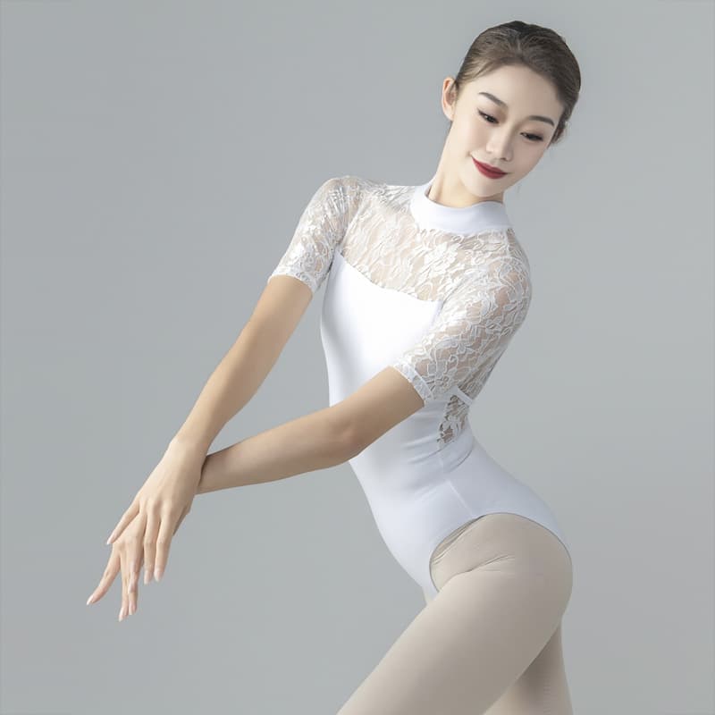 バレエレオタード 花柄総レース半袖ハイネックバレエレオタード